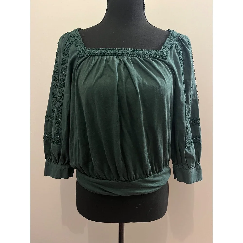 Anthropologie Chela Green Crochet Lace Trim Puff Sleeve Blouse Square Neck Top S